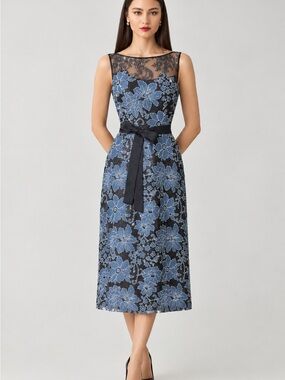 Teri Jon Black Lace Midi Dress with Blue Floral Embroidery and Satin Belt